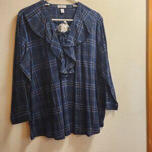 NWT - Westport Women's Blouse XL - Pullover V-Neck - Ruffle Front - Plaid - NEW